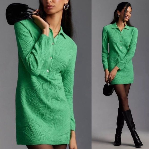 By Anthropologie Long-Sleeve Polo Sweater Mini Dress Green Medium - Picture 1 of 9